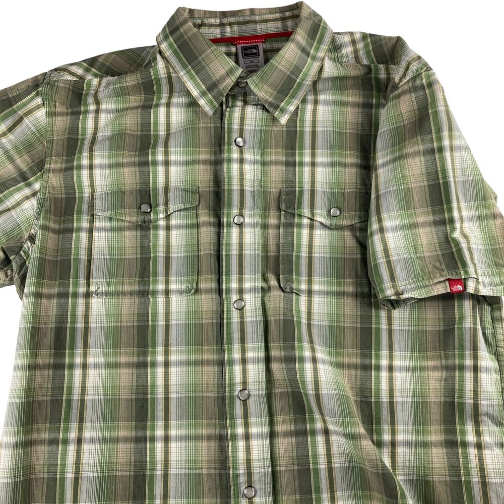 The North Face Shirt Men Large Green Plaid Snap Button Short Sleeve Cotton